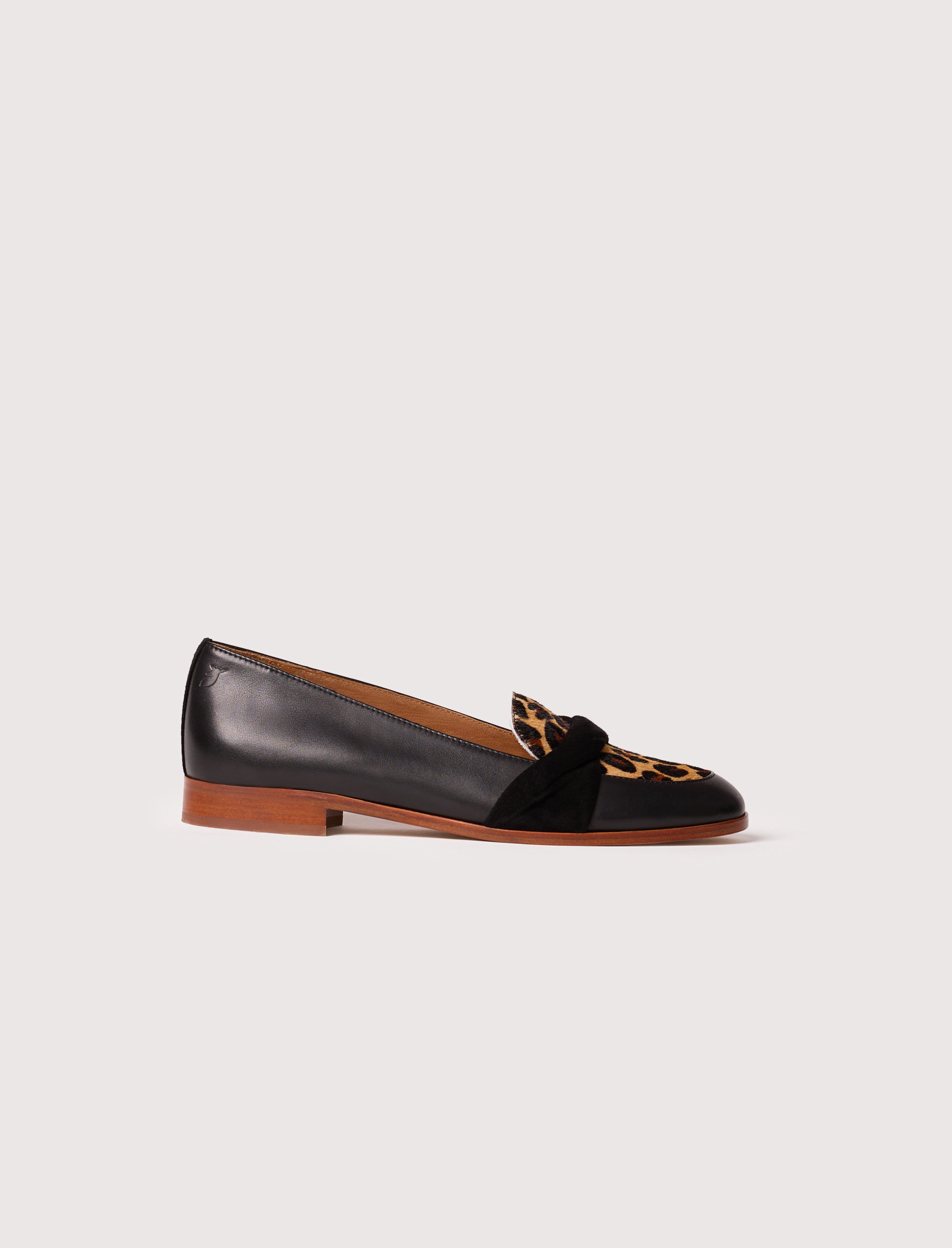 Women's Bandeau Loafers in Black Leather with Leopard Print