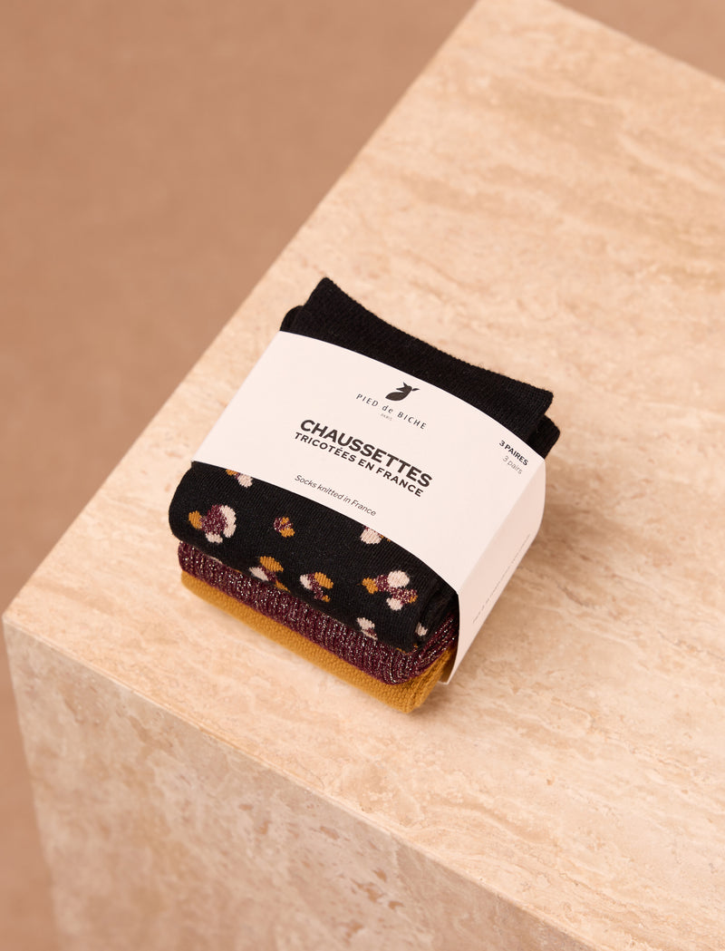 Pack Socken Nostalgie - Leopardenmuster, Bordeaux & Senf - Image principale