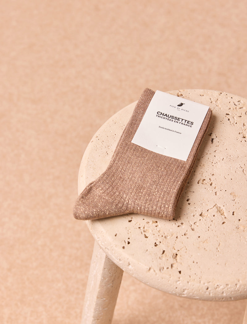 Lurex socks with a diagonal pattern - Moka  - Image principale