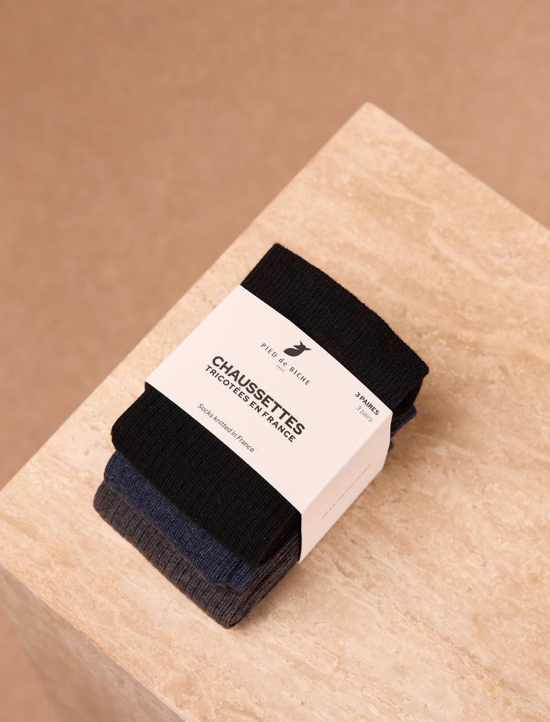 Pack chaussettes côtelées - Gris, navy & noir - Image principale